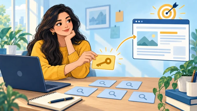 Woman selecting one primary keyword card to match a focused website page.