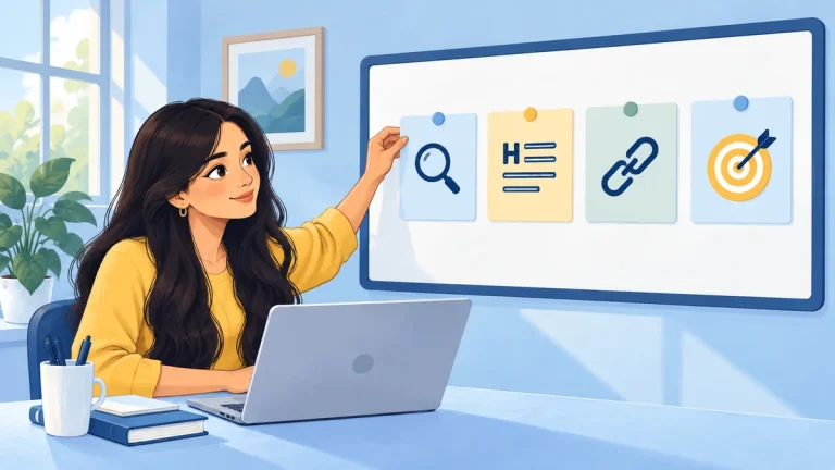 SEO specialist creating a structured content brief with a laptop and planning cards