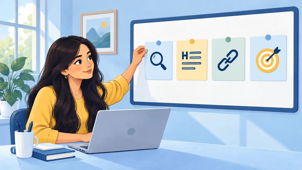 SEO specialist creating a structured content brief with a laptop and planning cards