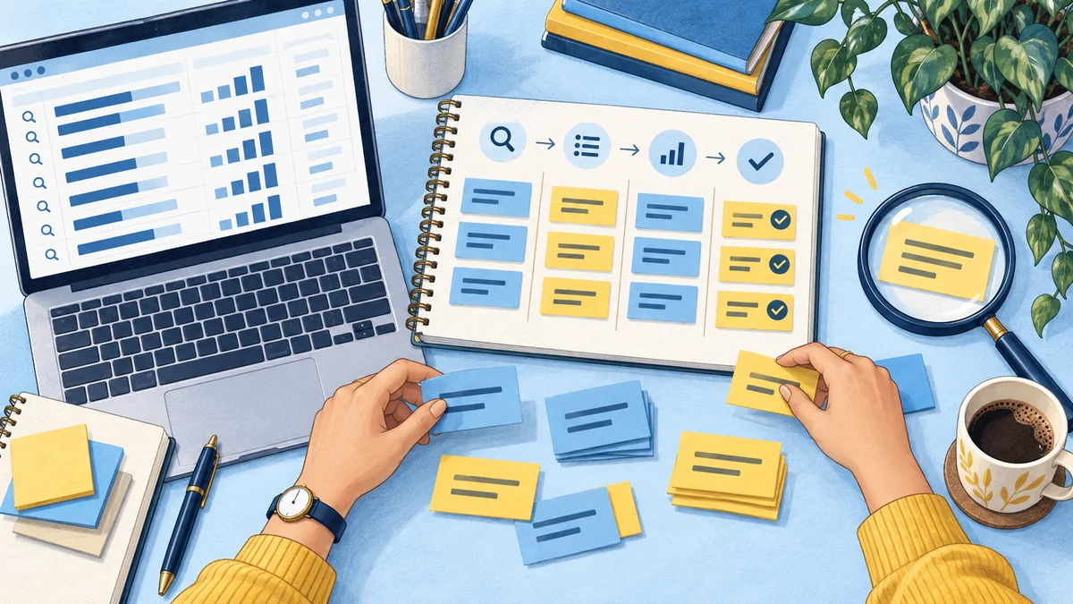 Hands organizing keyword cards beside research data and a step-by-step planning notebook.