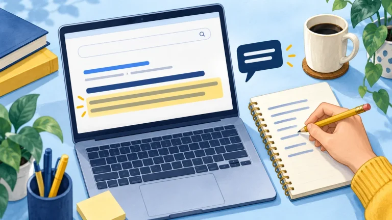 Laptop search result with description lines highlighted beside a writing notebook.