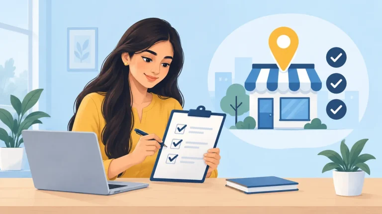 Small business owner completing a local SEO checklist beside a storefront and map pin.