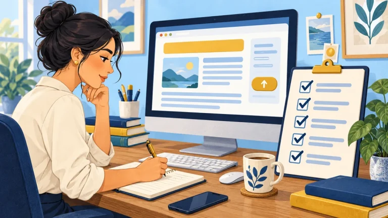 Editor checking an article against an on-page SEO checklist before publishing.