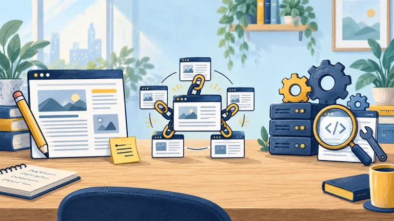 Website content, connected page links and server tools representing three areas of SEO.