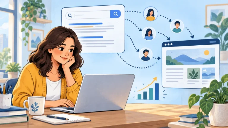 Search results directing visitors to a website while a business owner reviews her laptop.
