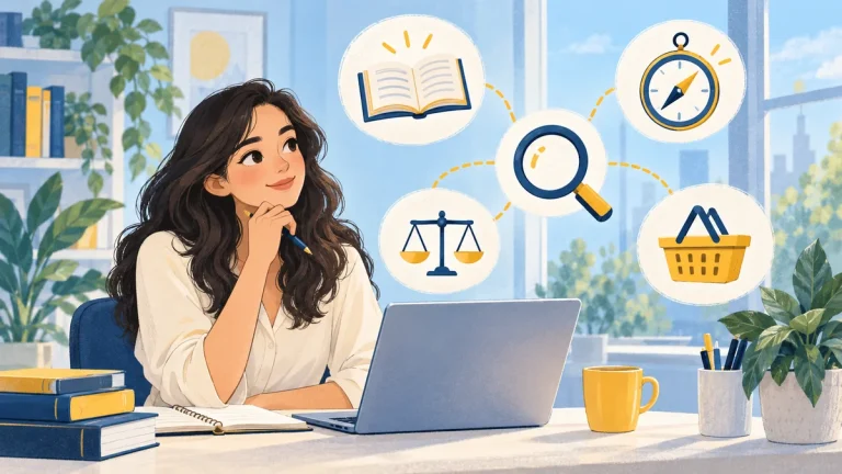 SEO learner considering search goals illustrated by a book, compass, comparison scales and shopping basket.