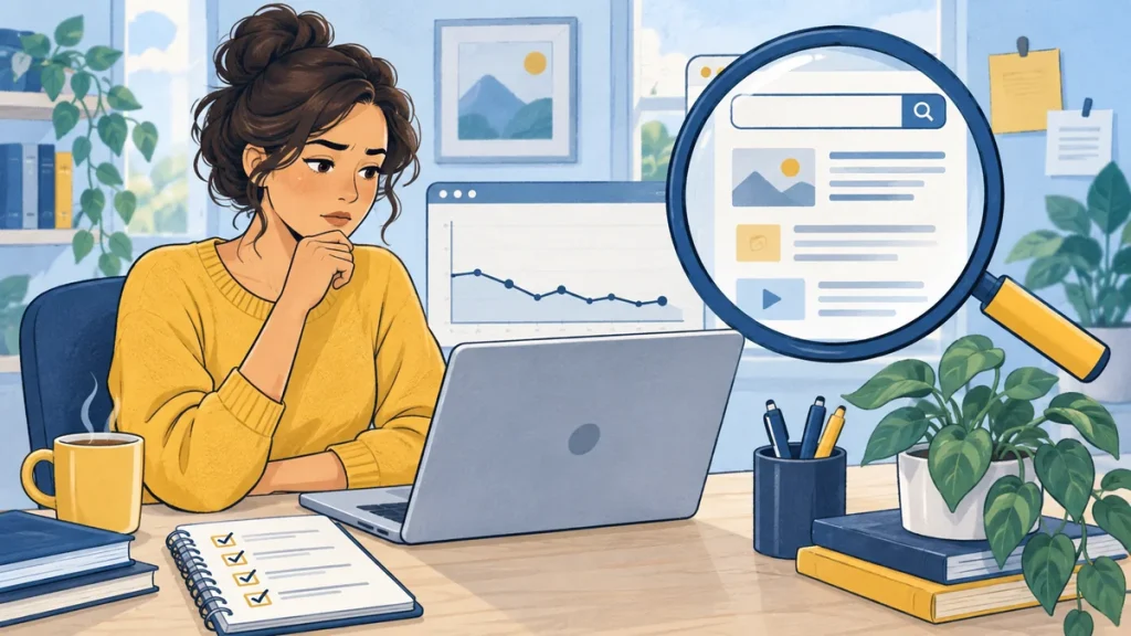 Woman reviewing low website traffic with a magnifying glass and content checklist.